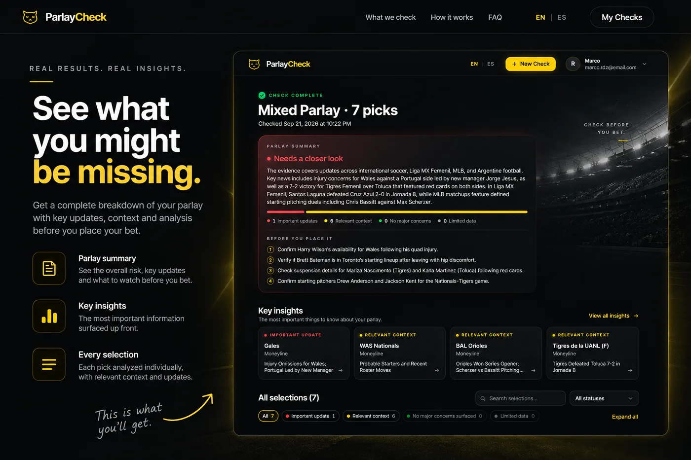 A completed ParlayCheck result with summary, key insights and selections